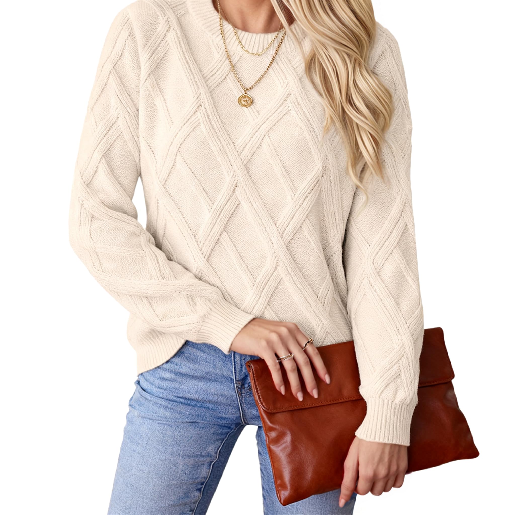 Womens Sweaters Crew Neck Pullover Cable Knit Sweaters Ribbed Casual Tops Classic Knitwear for Fall Winter