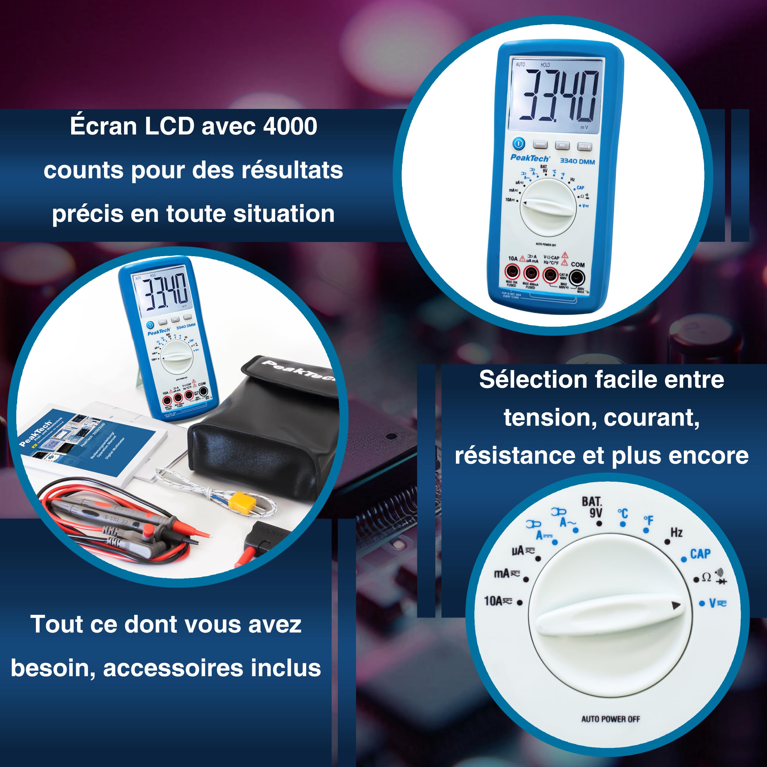 PeakTech 3340 - Multimètre Numérique True RMS avec Écran LCD Extra Large, 4000 counts, Autorange, REL., Data-Hold, Voltmètre, Testeur de Continuité, Instrument de Mesure - CAT III 600 V