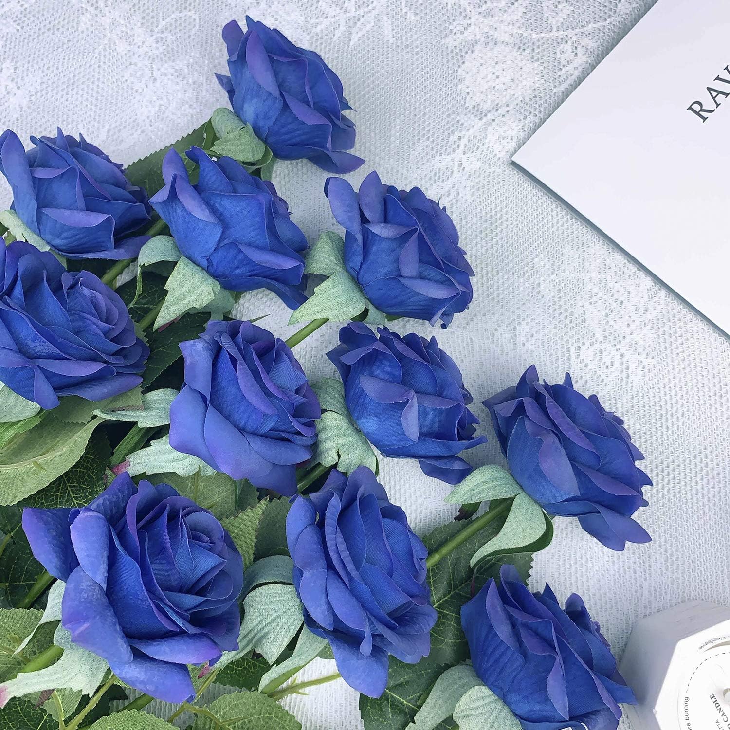 12 Stems Artificial Flowers Silk Roses Fake Flowers Bridal Wedding Bouquet，Realistic Blossom Flora for Home Garden Party Hotel Office Decoration (Blue)