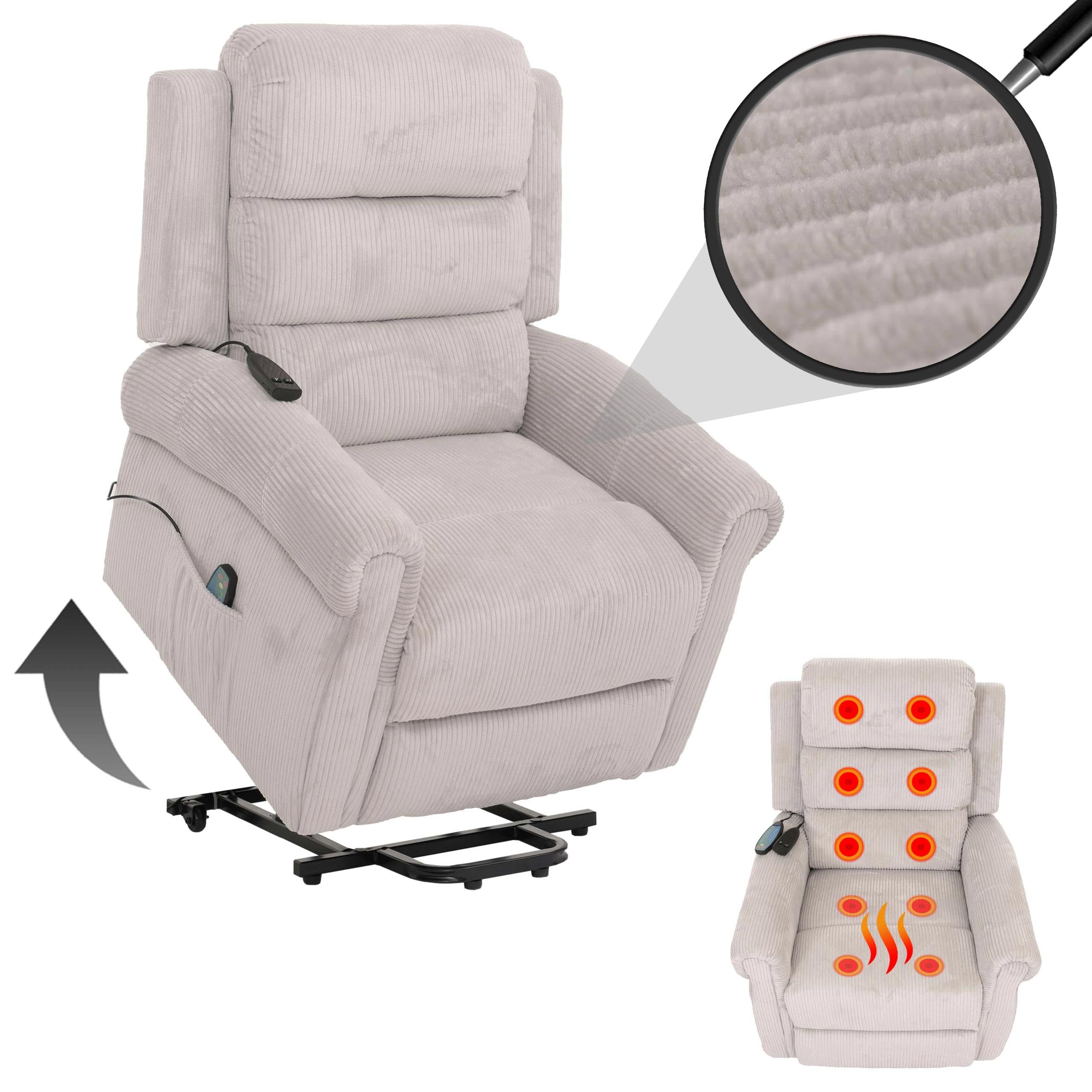 Mendler Fernsehsessel HWC-K63, Relaxsessel, Liegefunktion Aufstehhilfe Massage Heizfunktion, Stoff (220g/m²) Cord - hellgrau