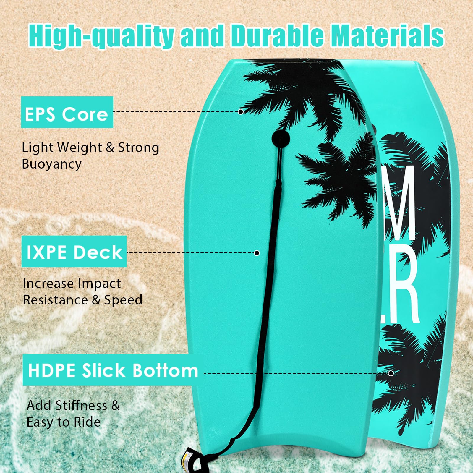 HOMASIS Bodyboard Surf da Tavola con Cavo di Trazione da 90 cm, Tavola da Surf per Bambini e Adulti, Tavola da Onda con Nucleo in Schiuma EPS e Motivo di Alberi di Cocco
