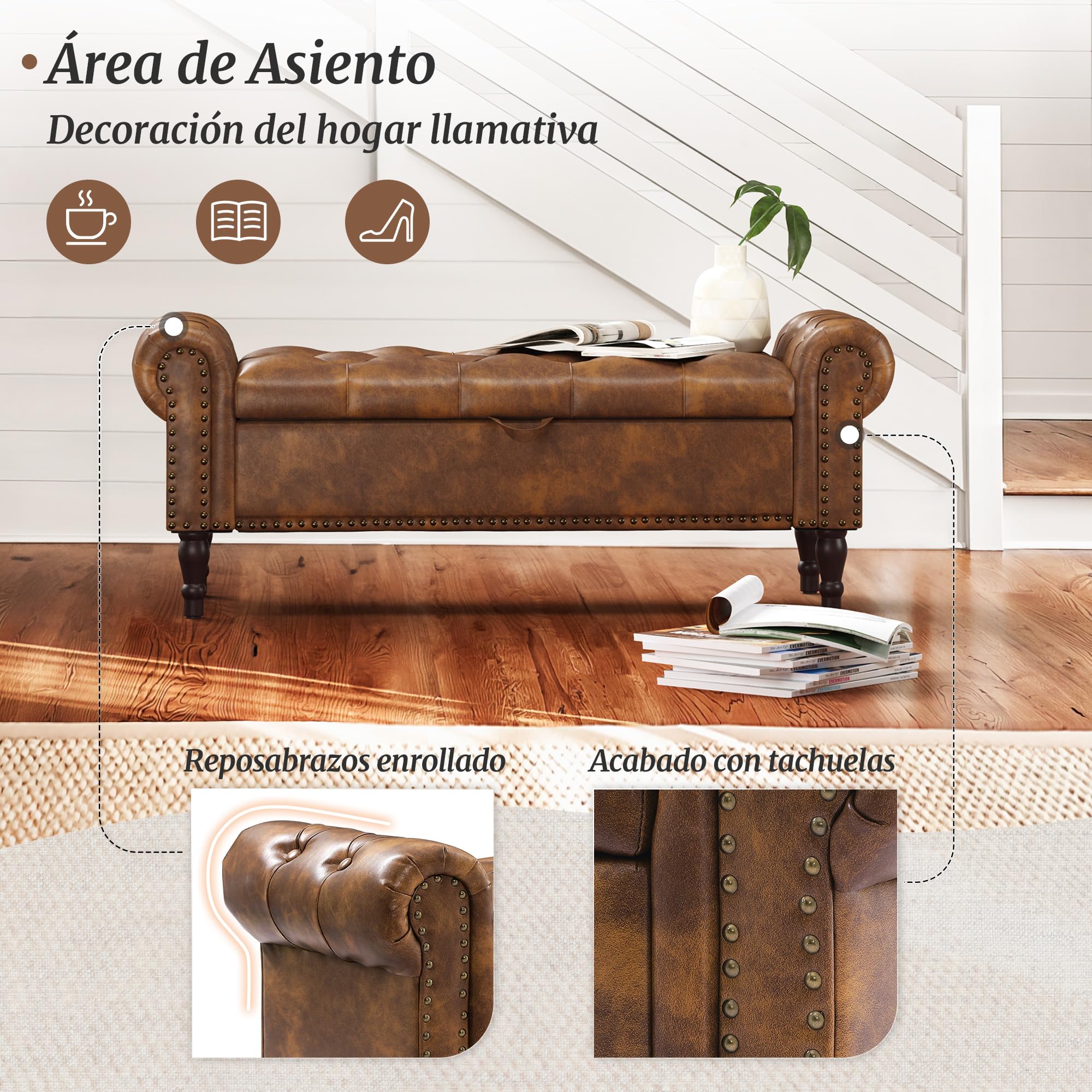 LUE BONA 130cm Banco de Almacenamiento,Banco Descalzadora Almacenaje Otomana PU con Tapa de Bisagras, Patas Madera y Reposabrazos Enrollados,para Dormitorio Entrada Pasillo,130 X 43 X 50 cm,Marrón