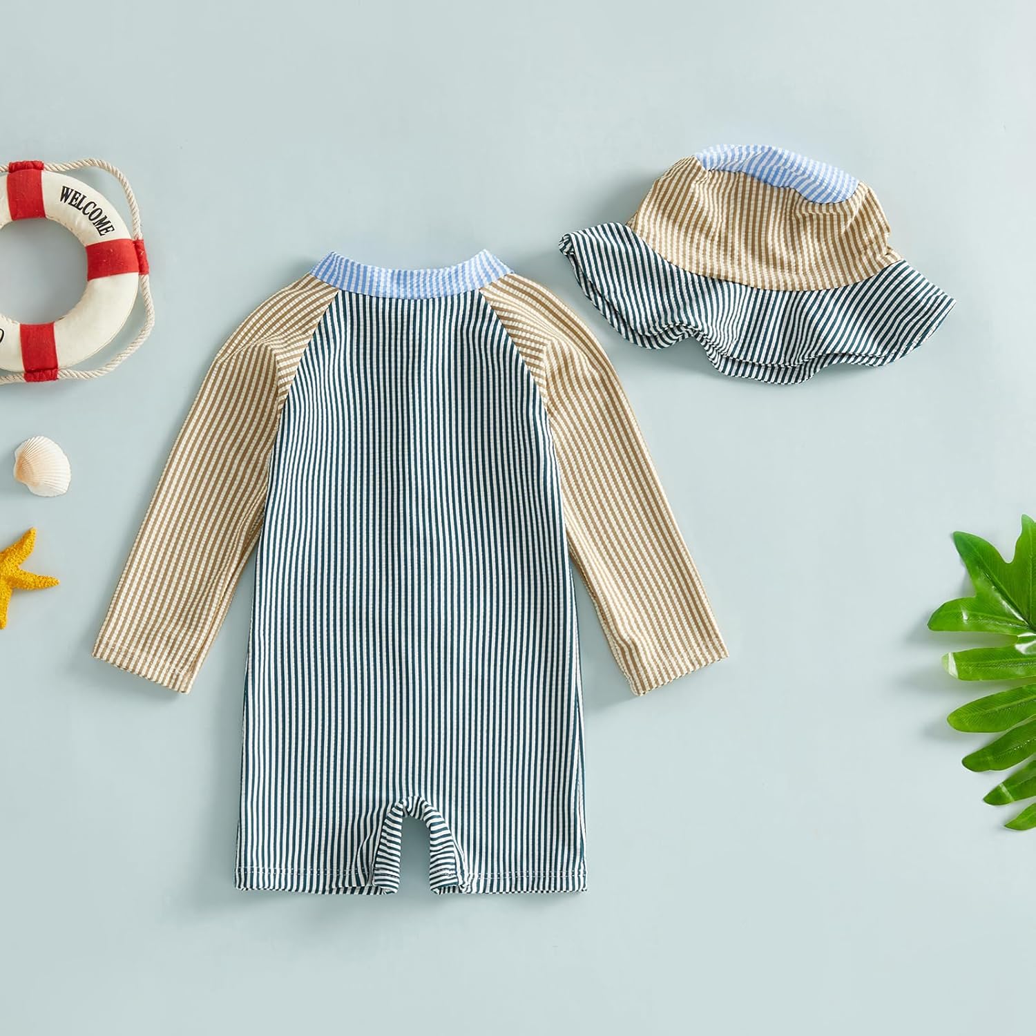Toddler Baby Boys Seersucker Long Sleeve One Piece Rash Guard Swimsuit Zipper Bathing Suit Swimwear with Hat - Image 5