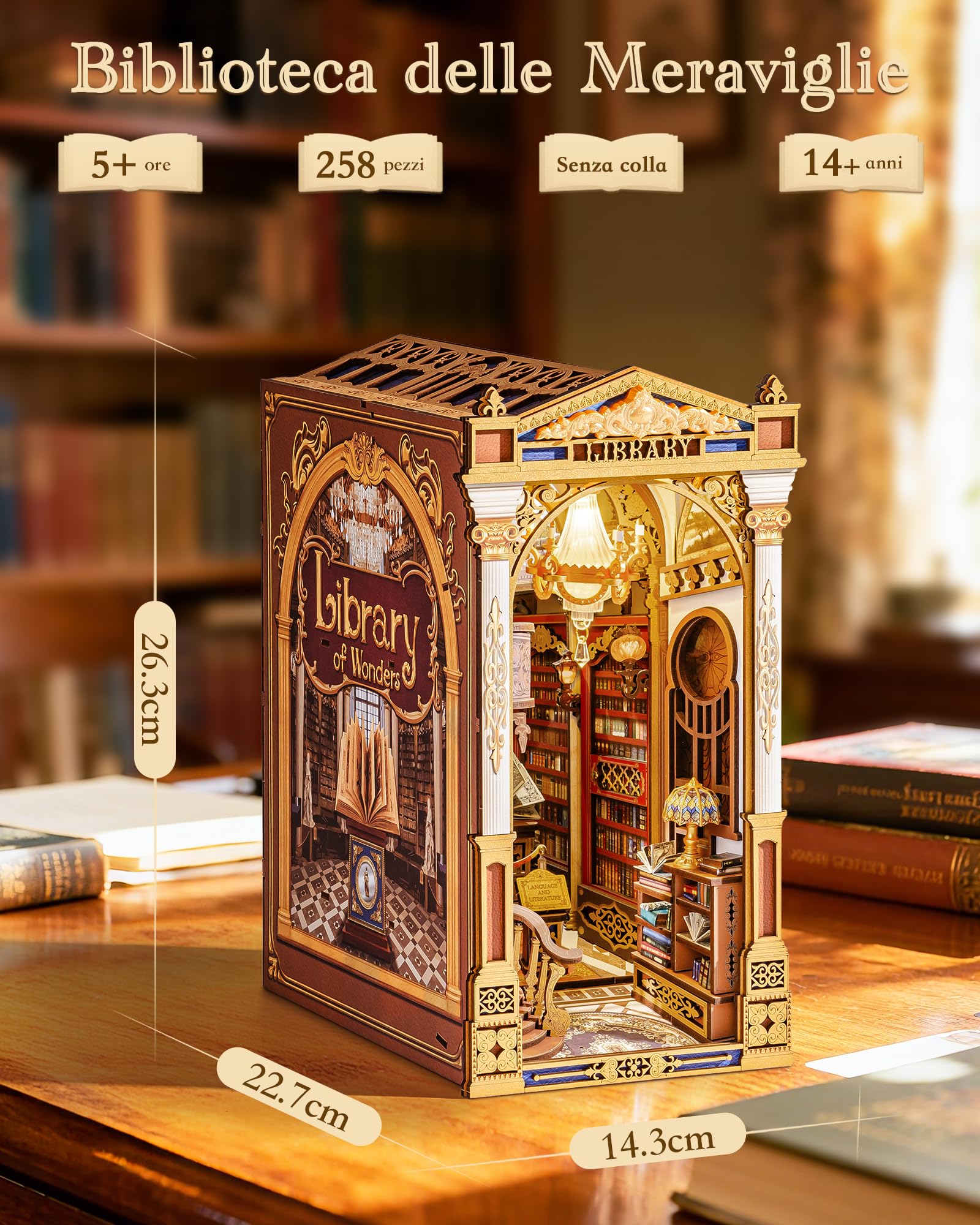 Rolife Book Nook Library of Wonders, Puzzle 3D in Legno, Kit Miniatura Fai-da-Te, Fermalibri Decorativo per Scaffali, Regalo Creativo di Natale e Compleanno per Adulti e Ragazzi