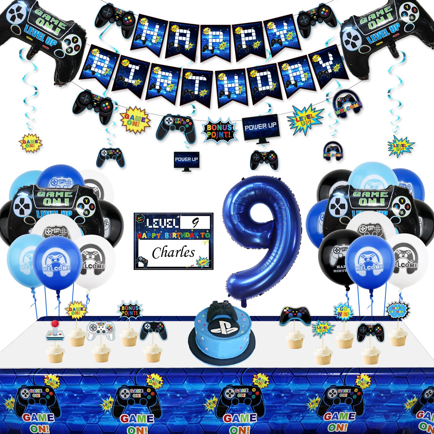 Video Game Party Decorations - 9th Birthday Decorations for Boys, HAPPY BIRTHDAY Banner, Video Game Balloons, Number 9 Blue Balloons, Gaming Hanging