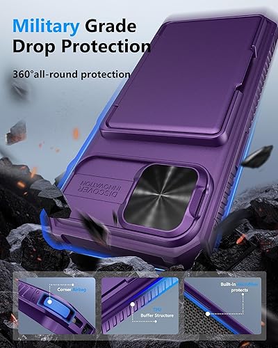 Miniatura 5 de ATATOO Funda para iPhone 16e, tarjetero integrado (almacena 3-5 tarjetas) y cubierta de cámara deslizante y bloqueo RFID, protección de grado