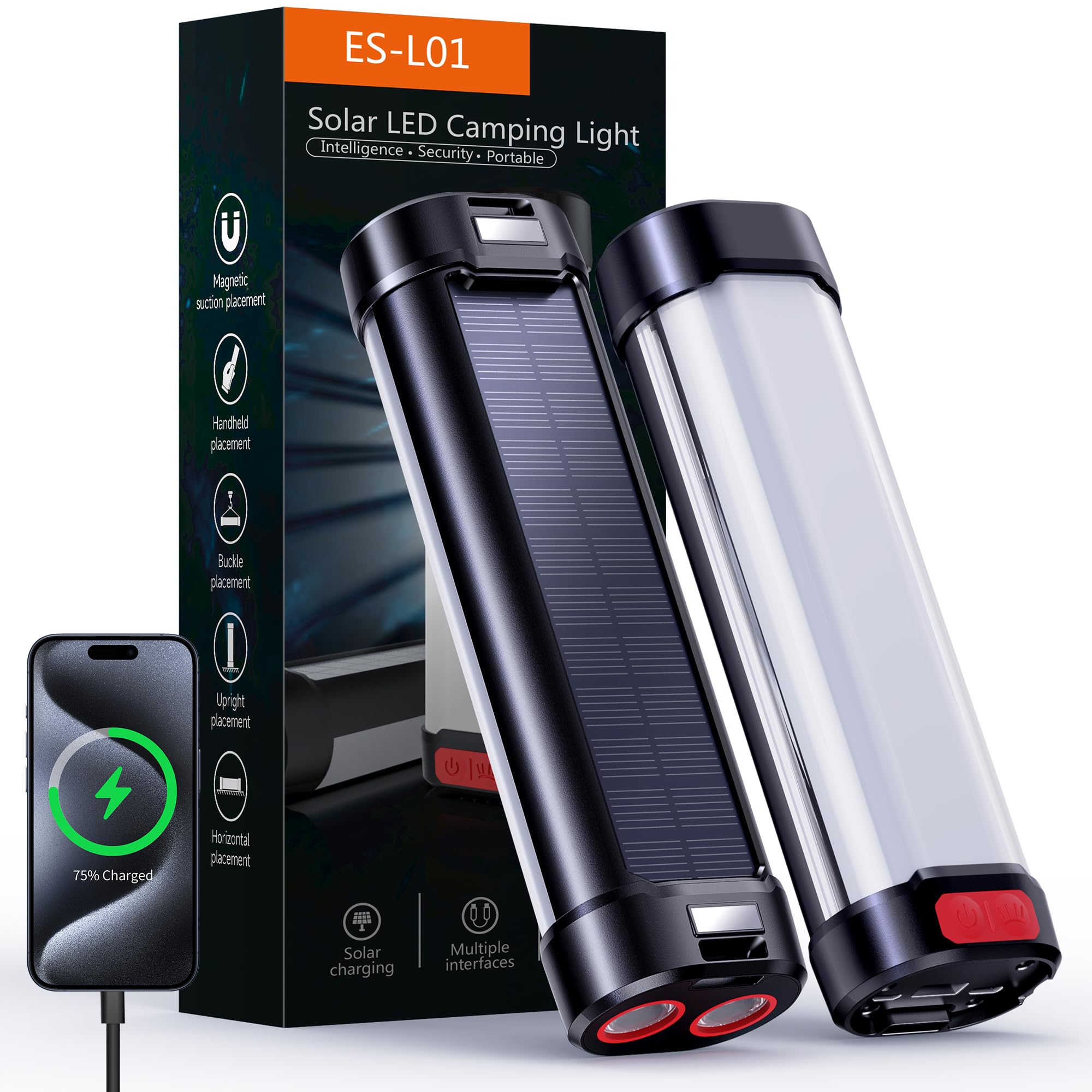 Linterna solar de camping de 1800 lm y luz magnética para tienda de campaña con 6000 mAh, tiempo de funcionamiento de 60 horas, linterna de 13 modos, equipo de supervivencia de emergencia impermeable