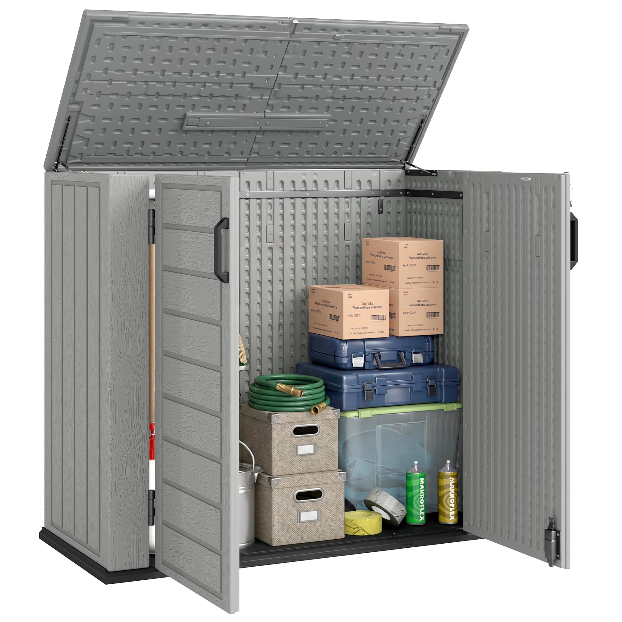 Outsunny Armario de Exterior de HDPE 940L 142x67x119 cm Gris Claro | Caseta de Jardín Exterior, Tapa Abatible, 2 Puertas, Cerradura, Cobertizo para Herramientas