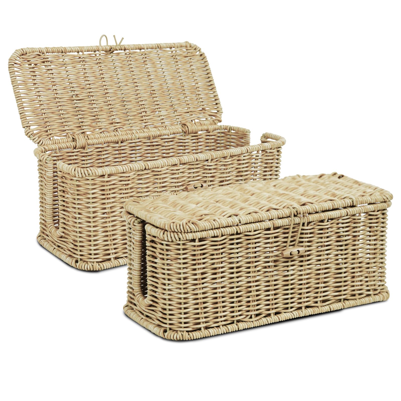 IXTRA 2-Pack Cable Management Box Set, Handwoven Rattan Cord Organizer, Decorative Cord Hider with Lid, Large Cable Organizer for Desk, TV Wires,Power Strips & Cords Natural