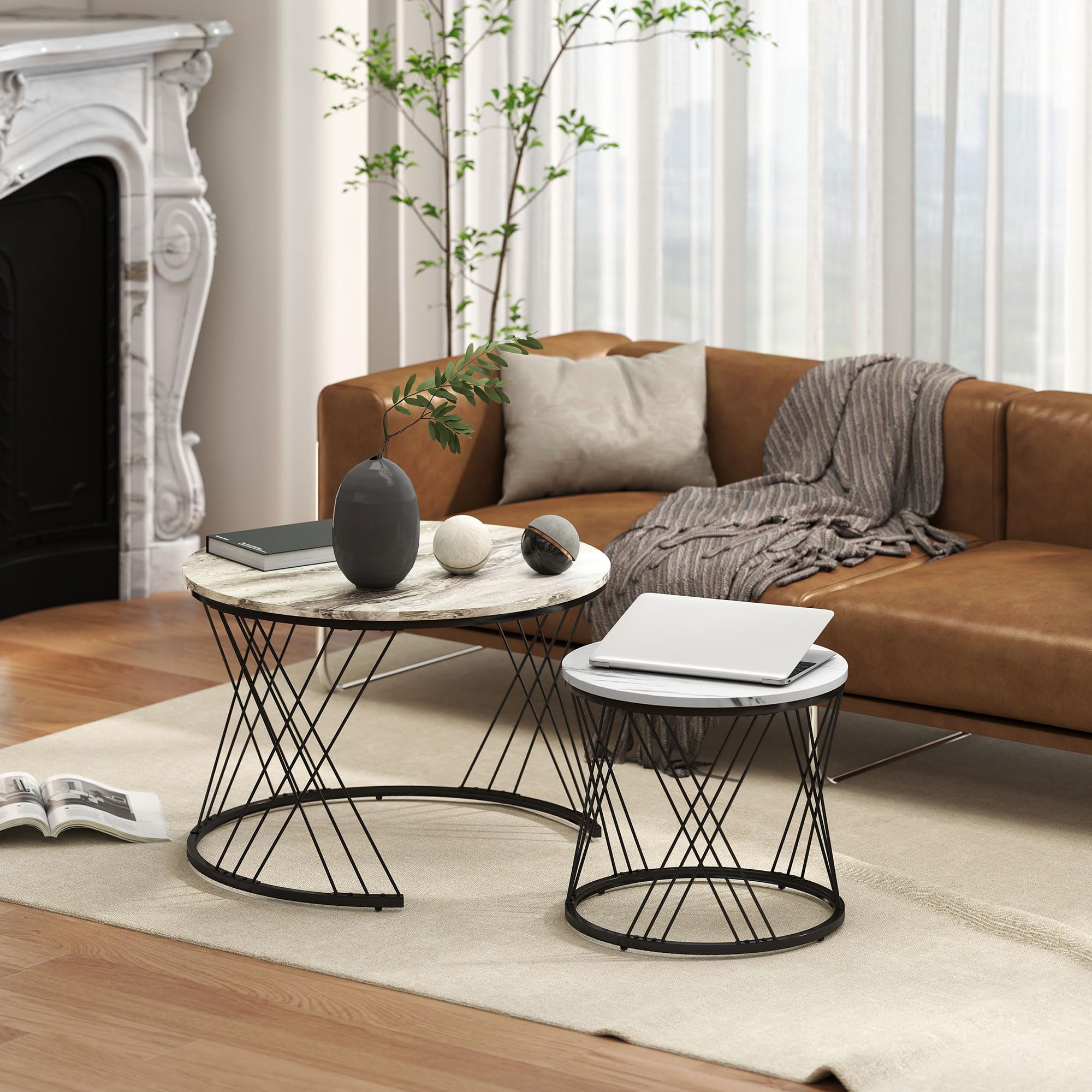 HOMCOM Juego de 2 Mesas Nido Mesas de Centro para Salón Redondas con Tablero con Diseño de Mármol Marco de Metal para Sala de Estar Dormitorio Gris y Blanco