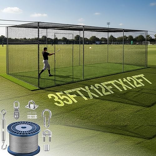 35FT Baseball Batting Cage Net with 165Ft Heavy Duty Batting Cage Netting Wire Tension Kit,for Home Backyard Outdoor Baseball and Softball Batting Cage Training All-Around Combination