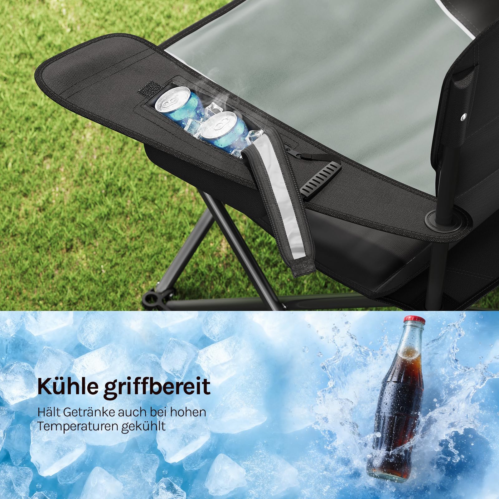 WOLTU Klappbarer Campingstuhl Hochrückig mit Kühltasche, Kopfstütze & Getränkehalter, Angelstuhl Gartenstuhl, Campingsessel bis 180kg Tragkraft, Wasserdicht 600D Oxford