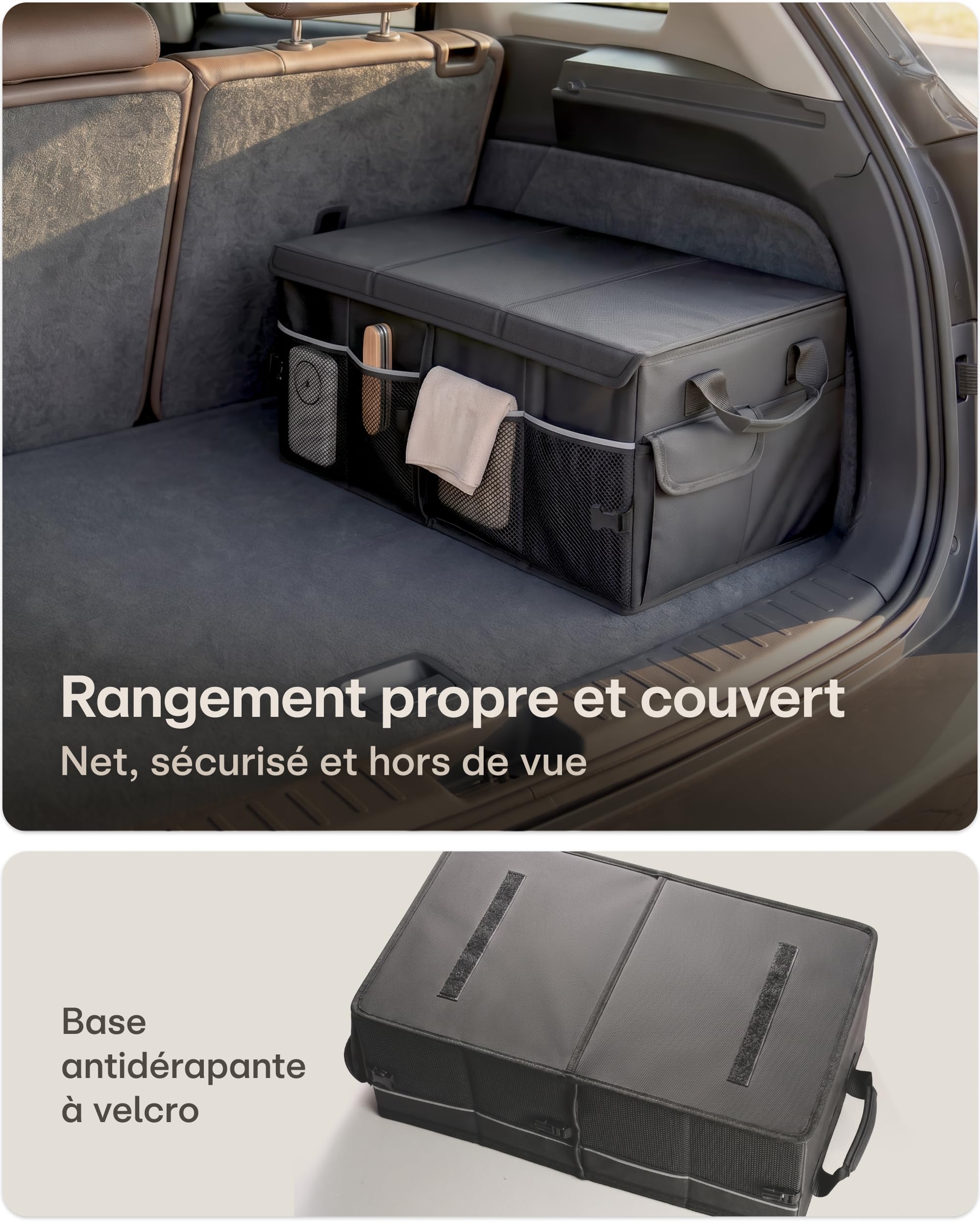 Praknu Organiseur de Coffre avec Couvercle Grand 45L – Pliable à 20L – 3 Compartiments avec 11 Poches – Déperlant & Antidérapant – Facile à Transporter – Idéal pour un Coffre plus Ordonné