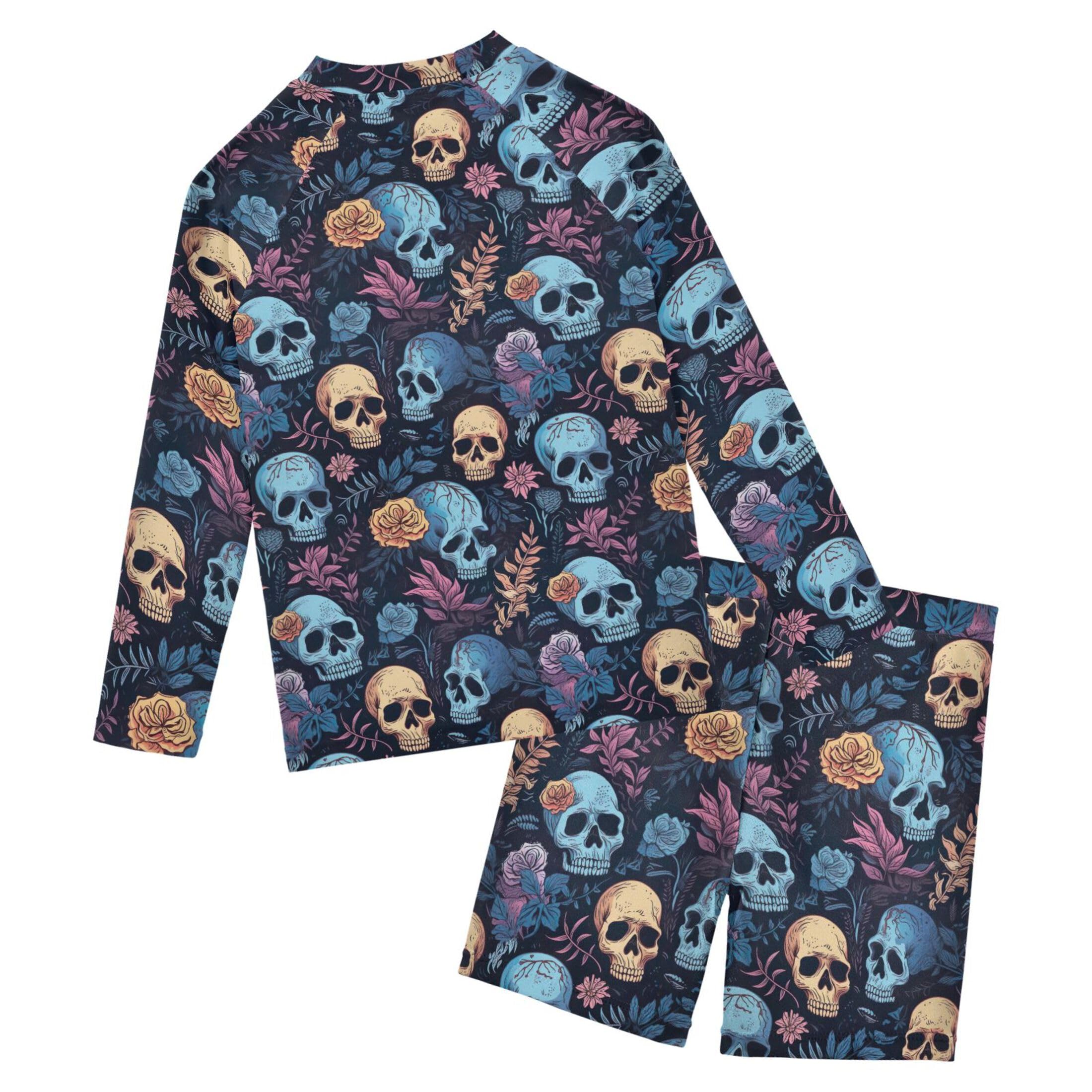 Sugar Skull Skeleton Flowers Boys Rash Guard Swimsuits Set for Boys Long Sleeve Swim Shirts Bathing Suits B0402999