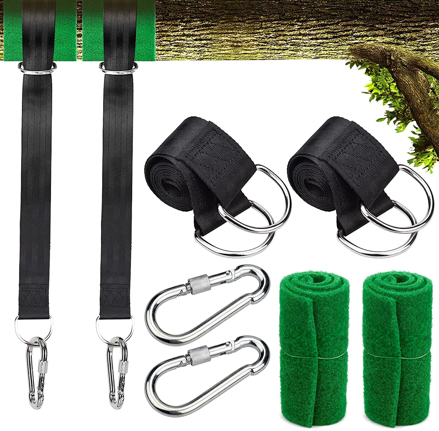DELFINO Tree Swing Hanging Straps Kit, Ultra Strong Swing Straps Use for your Tree Swings Childrens Swing and All Garden Swings Hanging Kit Straps Hooks Carabiner Garden Swing Fittings