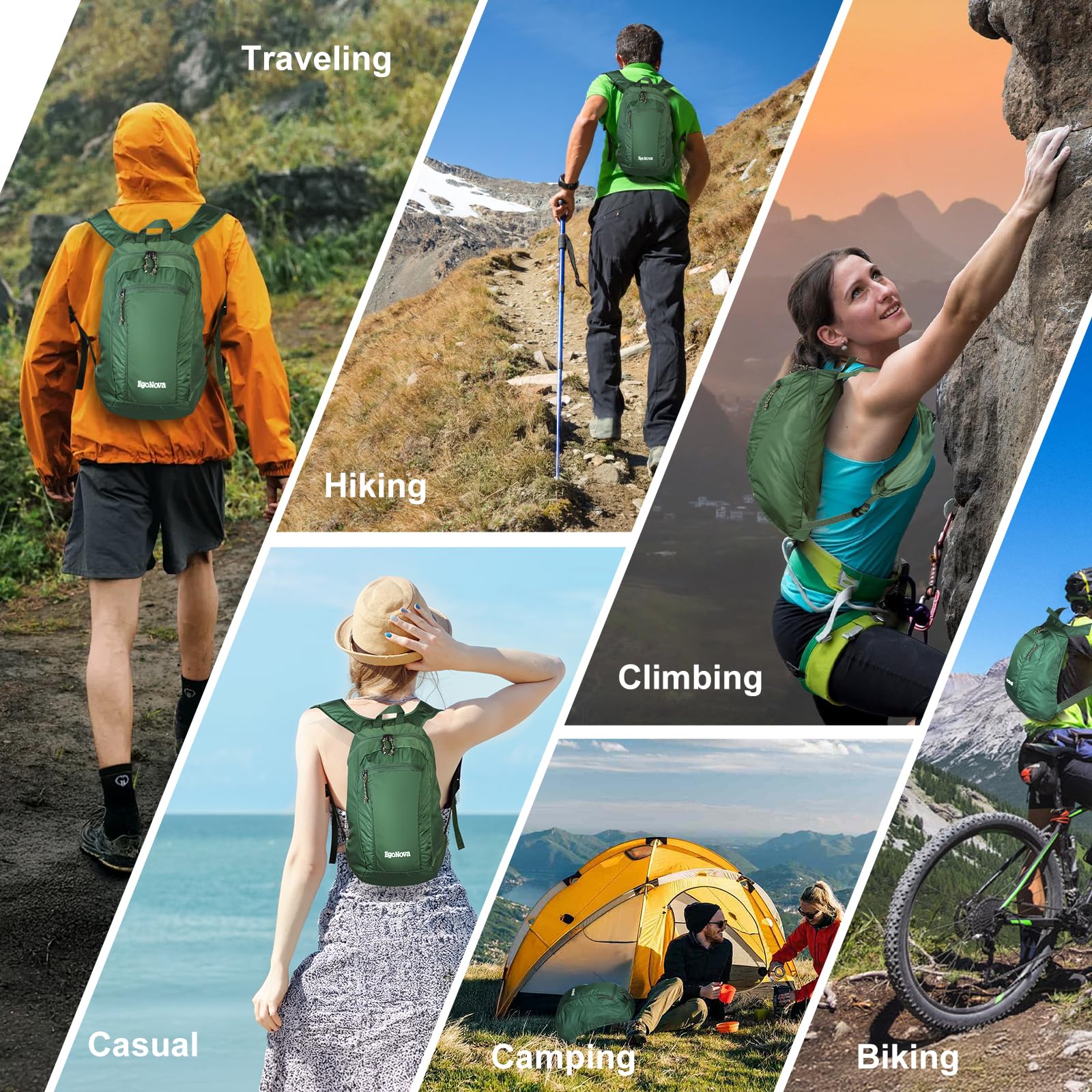 Mochila de senderismo, mochila plegable de 12 litros, ligera y resistente al agua para senderismo, campamento y actividades al aire libre (verde oscuro) 6