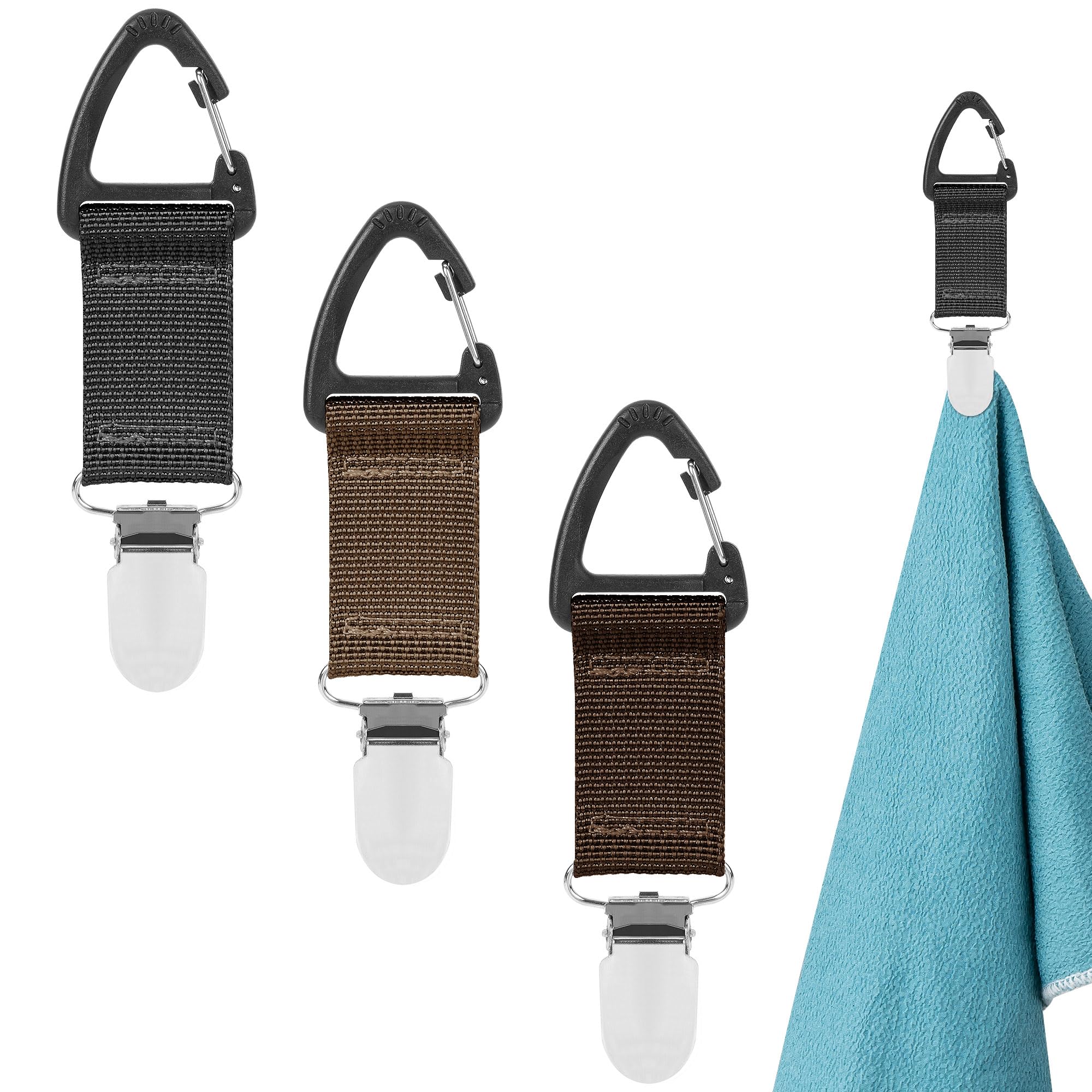 TOCCOOL 3PCS Multi-Functional Tennis Towel Hook & Gym Towel Clip - Durable Sports Hook for Backpacks/Fences, Portable Towel Organizer(Coffee, Khaki,