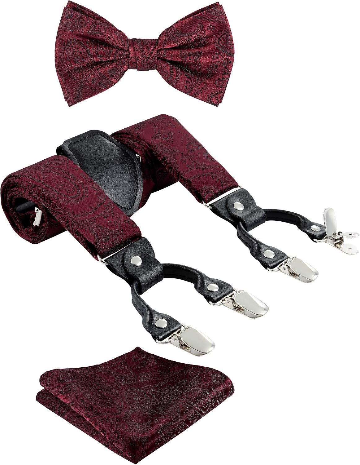 TIE G Paisley Suspender, Bow Tie, Pocket Square Set for Men's Tuxedo Suspenders : Adjustable Braces, Strong Enhanced 6 Clips
