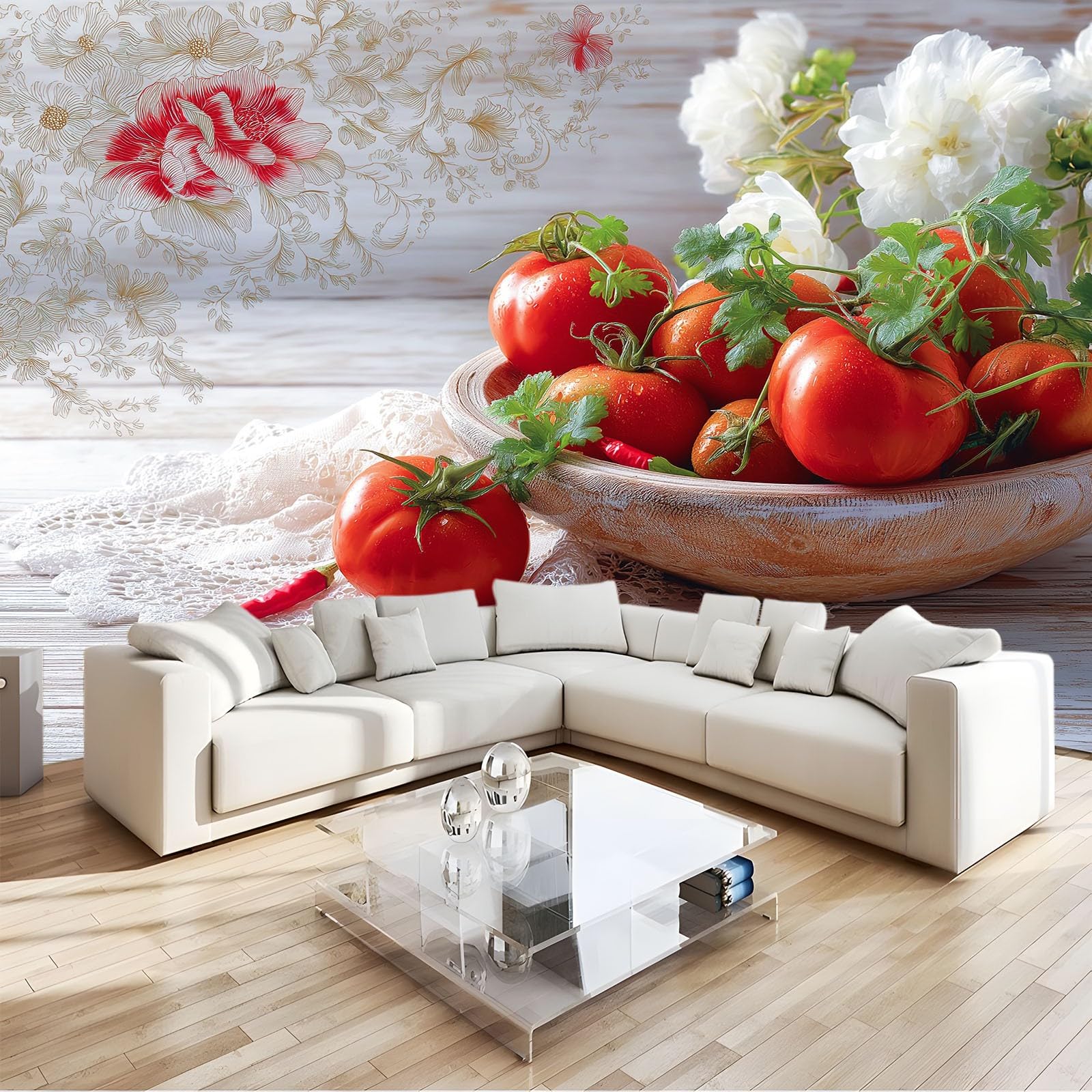 Generico Panoramiczna Tapeta XXL Duszpasterska Owoce Warzywa Koronka Drewna Ziarna Dekoracyjny Plakat Ścienny Grafitowy Szary Do Sypialni i Salonu 200 x 140 cm