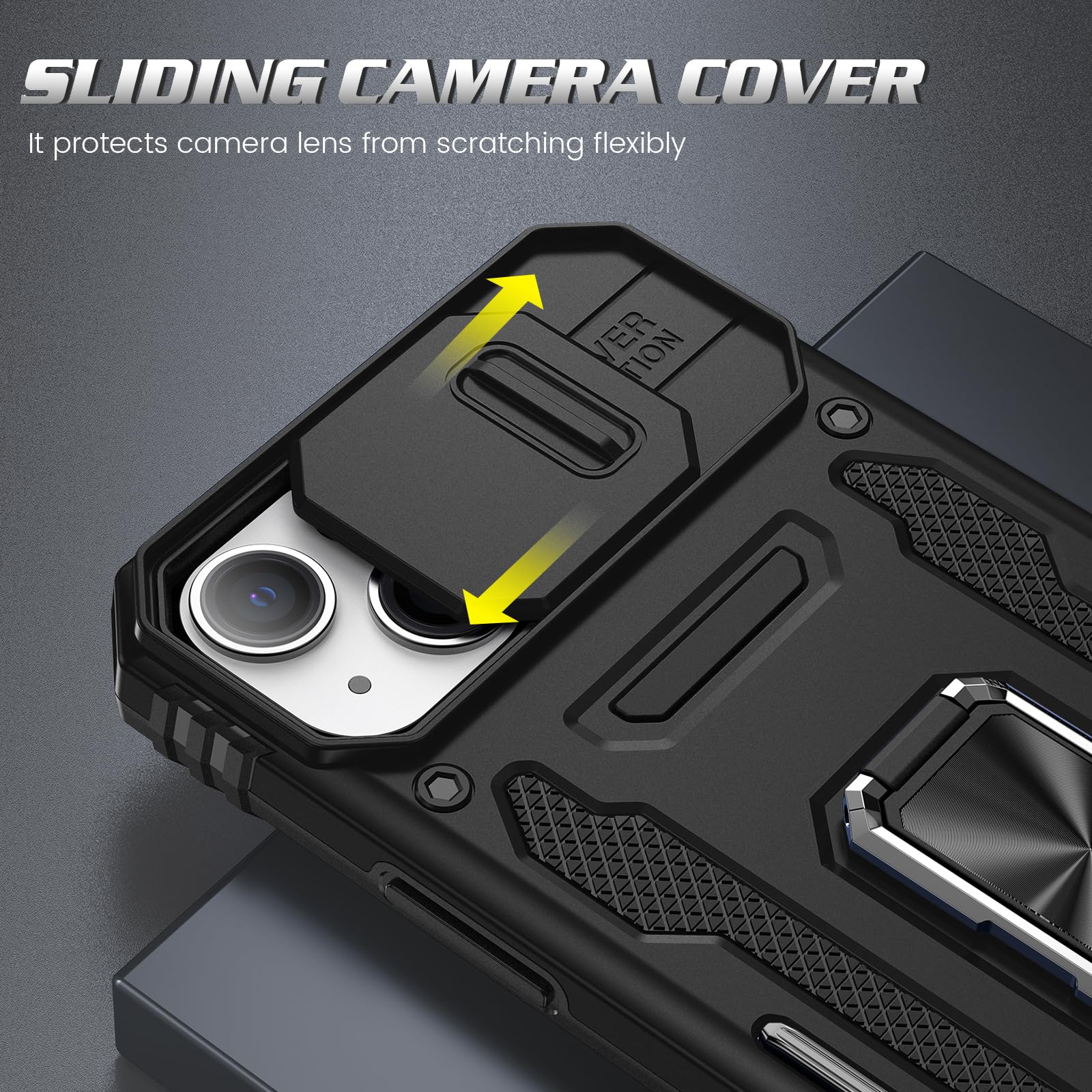 Doeshine Cover Per IPhone 14/13 Con Supporto Ad Anello 360° - Copriobiettivo Scorrevole, Grado Militare Antiurto, 2 Pellicole Incluse, Nero - 3
