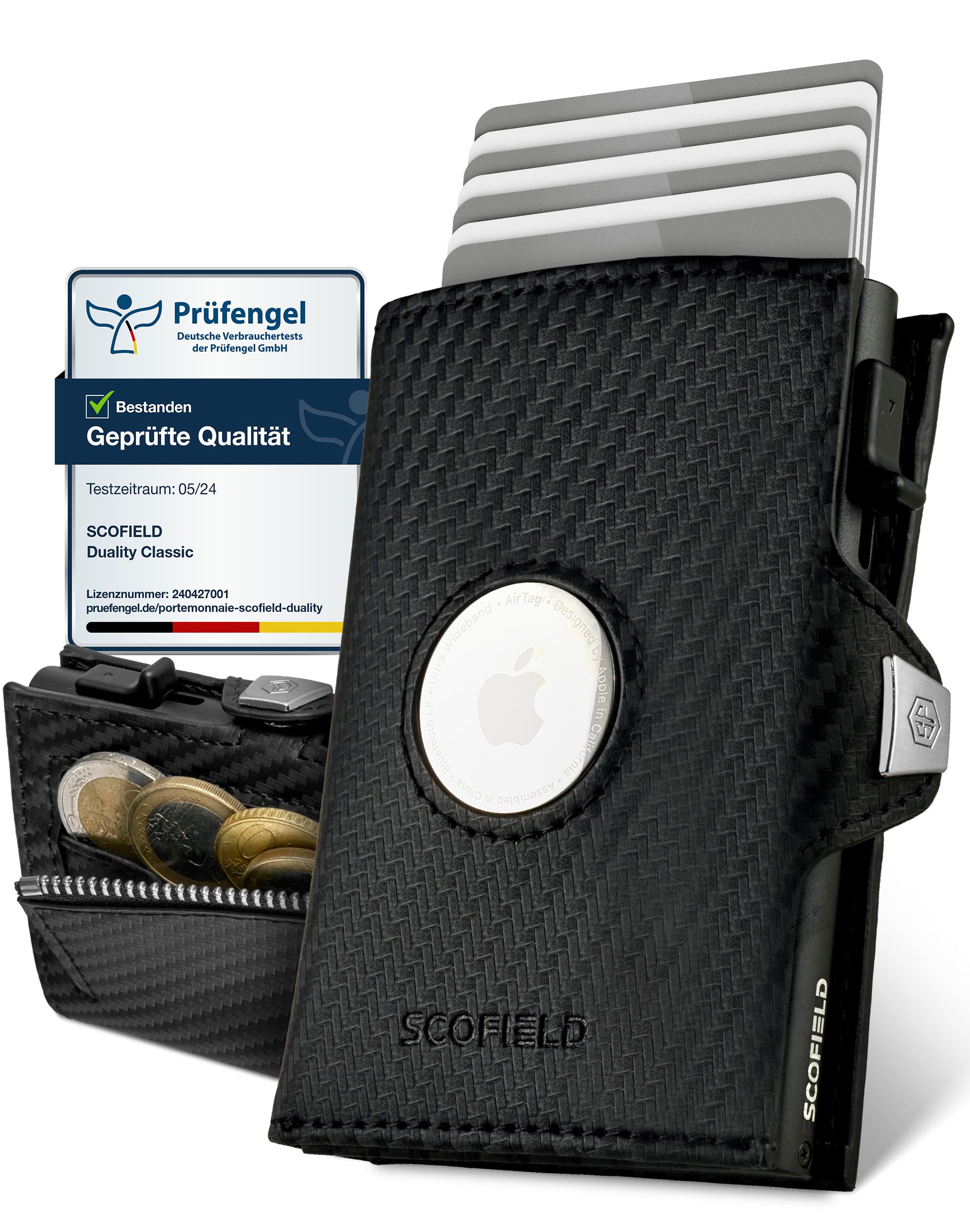 SF SCOFIELD | Airtag Wallet mit Münzfach Herren | Airtag Geldbeutel RFID - Schutz | Geldbörse für 9-10 Karten | Portmonee Herren | Portemonnaie | Kartenetui für Apple Air Tag | Wallets for Men Klein