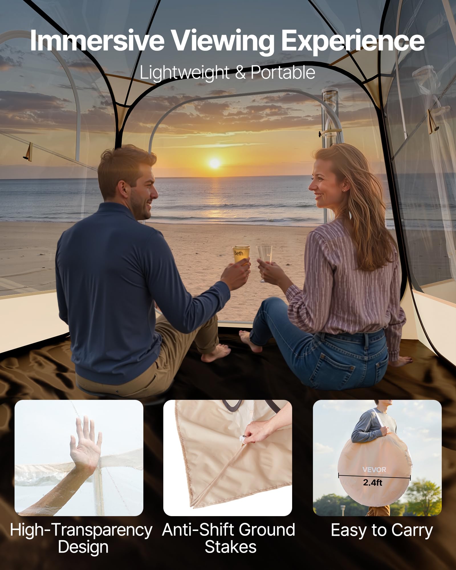 VEVOR Tente de Sport Pop up, 4 Tailles optionnelles, Tente à Bulles Transparente pour 1 à 6 Personnes, Pod d'extérieur étanche avec Tapis de Sol et Housse supérieure, tentes de Jardin Igloo dôme abri