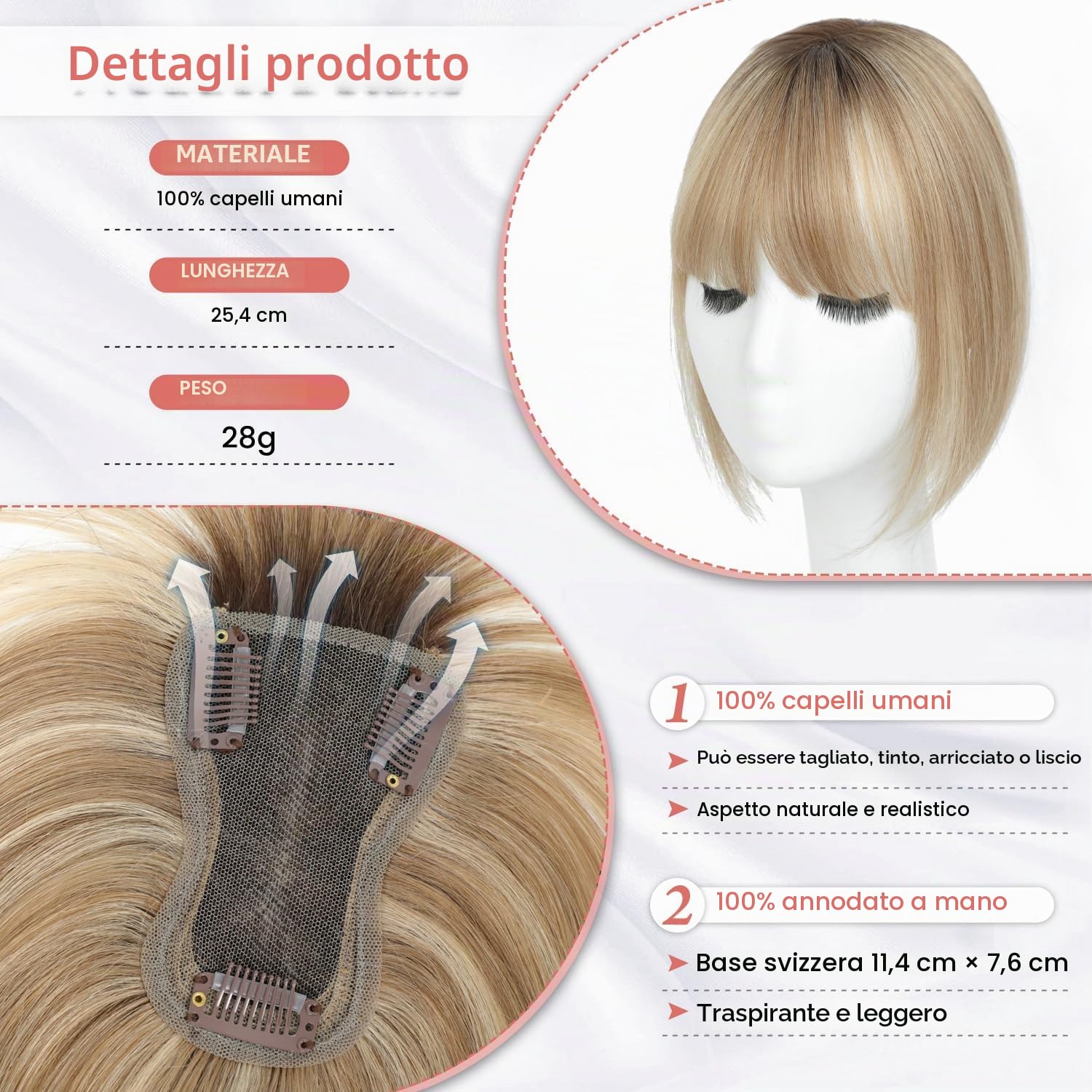 Parrucche Capelli Umani Donna Frangia Intrecciate Mano Base Svizzera Biondo Miele Radice Marrone Scuro