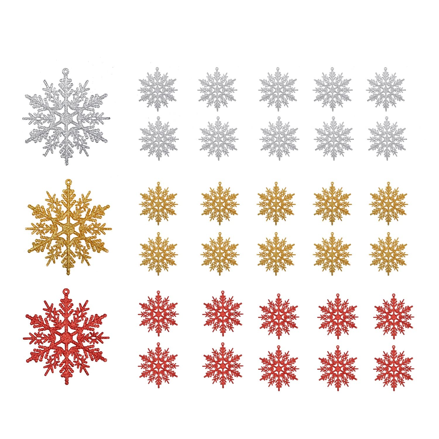 Euvoym 30 Pieces Christmas Glitter Snowflake Christmas Hanging Ornaments Tree Wreath Hanging Party Xmas Décor, Red, Silver, Gold