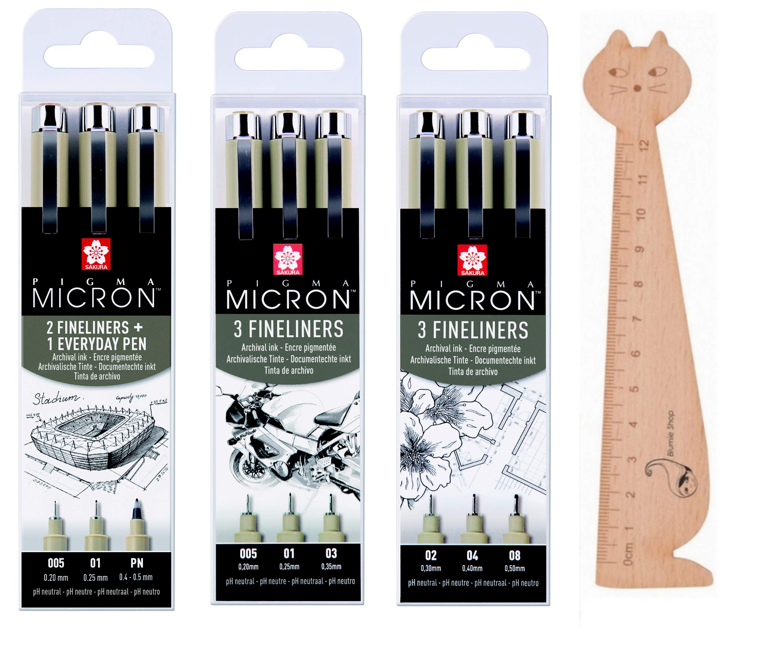 Blumie Shop Set – 9 Pigma Micron Schwarz + 1 Holz-Lesezeichen