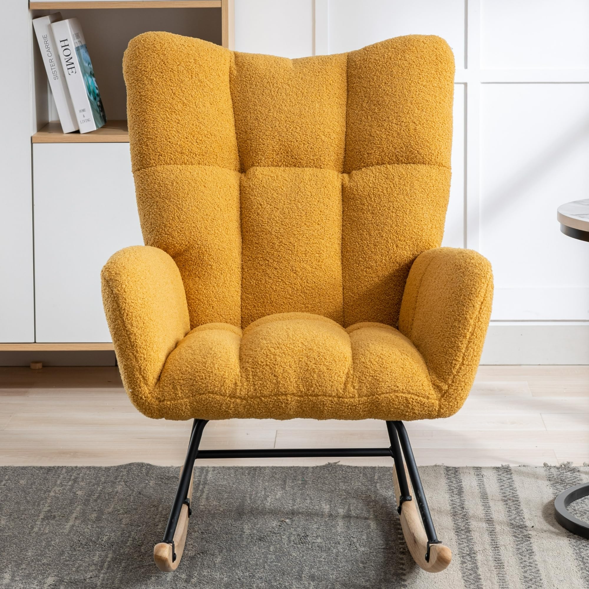 SPOFLYINN Rocking Chair for Nursery Wingback Glider Rocker with Safe Solid Wood Base Soft Teddy Fabric Rocking Chair for Living Room Bedroom Yellow