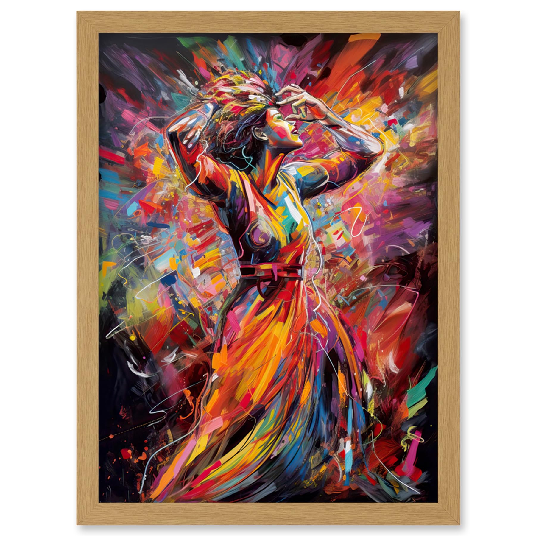 Artery8 Happy Woman Dancing to Music Modern Vibrant Colour Artwork Framed Wall Art Print A4