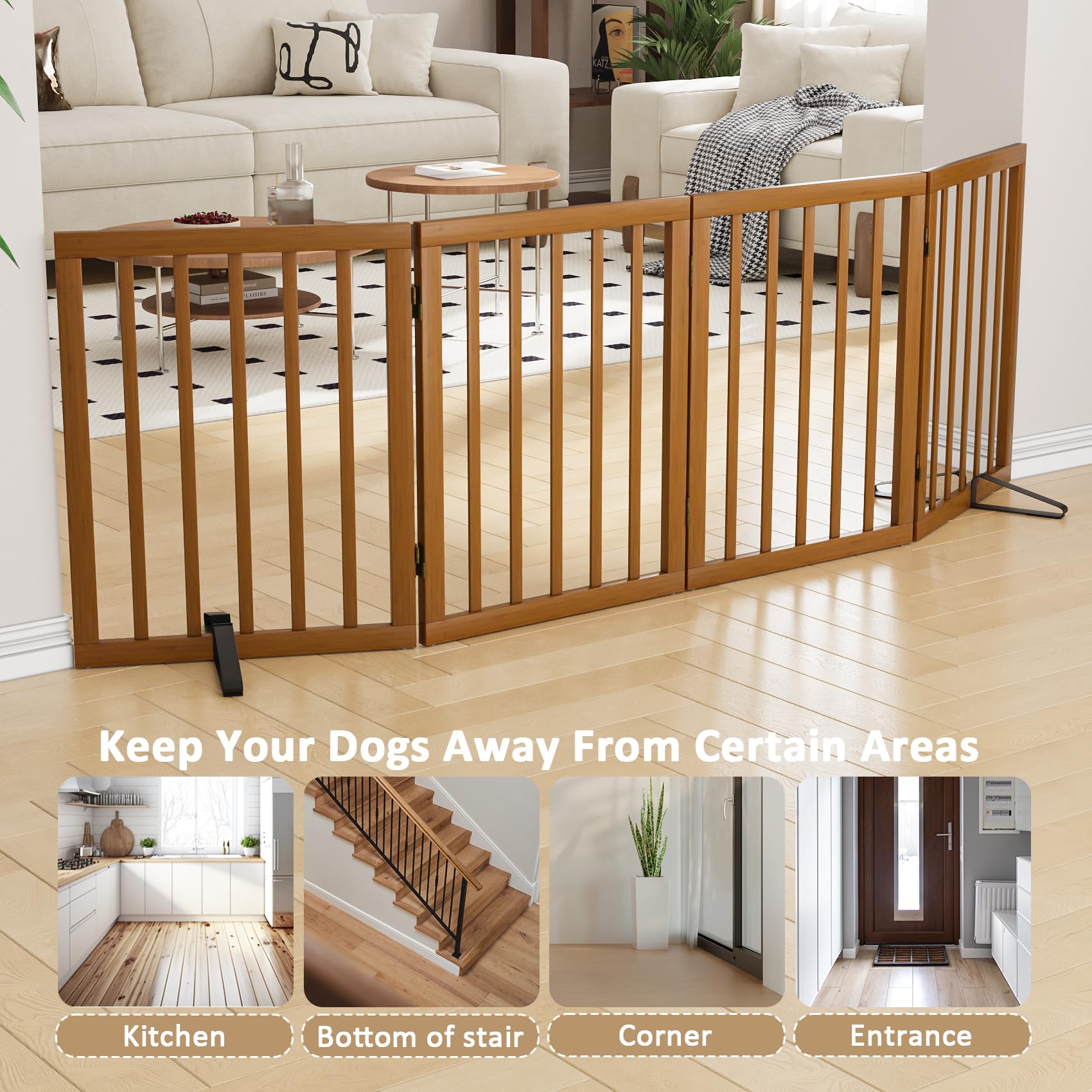 Freestanding Pet Gate Foldable Dog Gate,Walnut Bamboo Dog Gates for Stairs Doorways House Indoor (2 Support Feet Included) — view 3