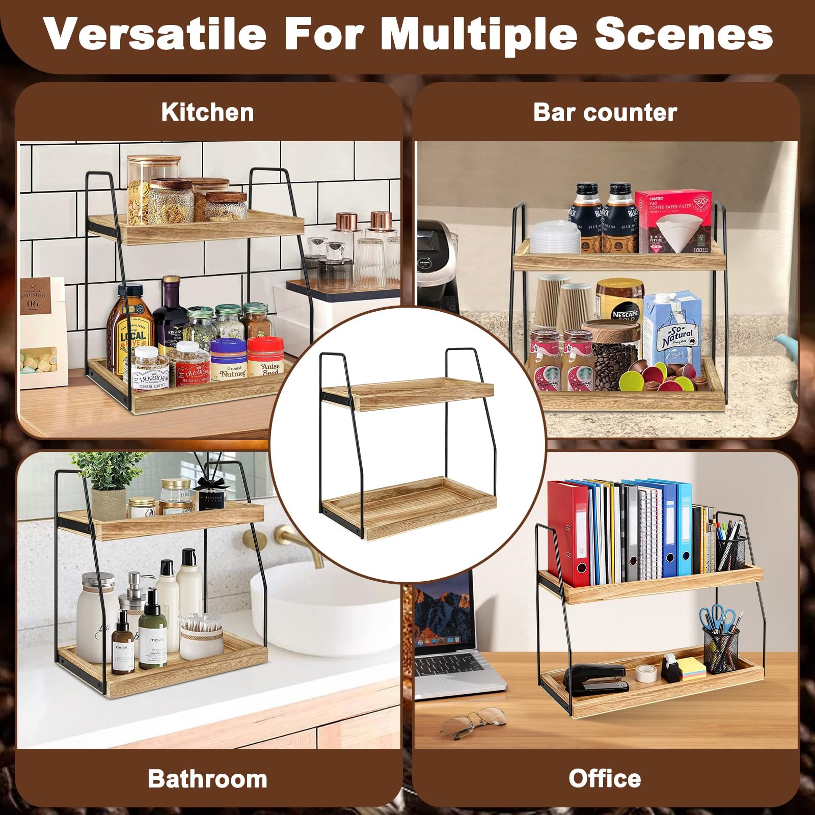 2 Ripiani Portaspezie Salvaspazio per Cucina, Organizer per Angolo Caffè in Legno, Porta Spezie Piano di Lavoro, Organizzatore Condimenti Bar, Scaffale da Cosmetici per Bagno, Casa, Ufficio, Scrivania
