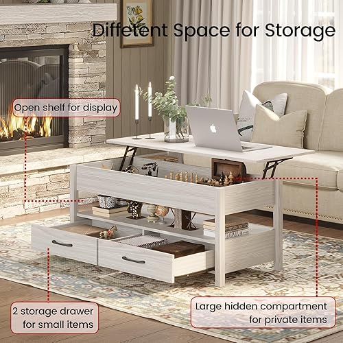 Miniatura 4 de Mesa de centro elevable con compartimento de almacenamiento oculto, 2 cajones y estante de exhibición, mesa de centro elevable para sala de estar,