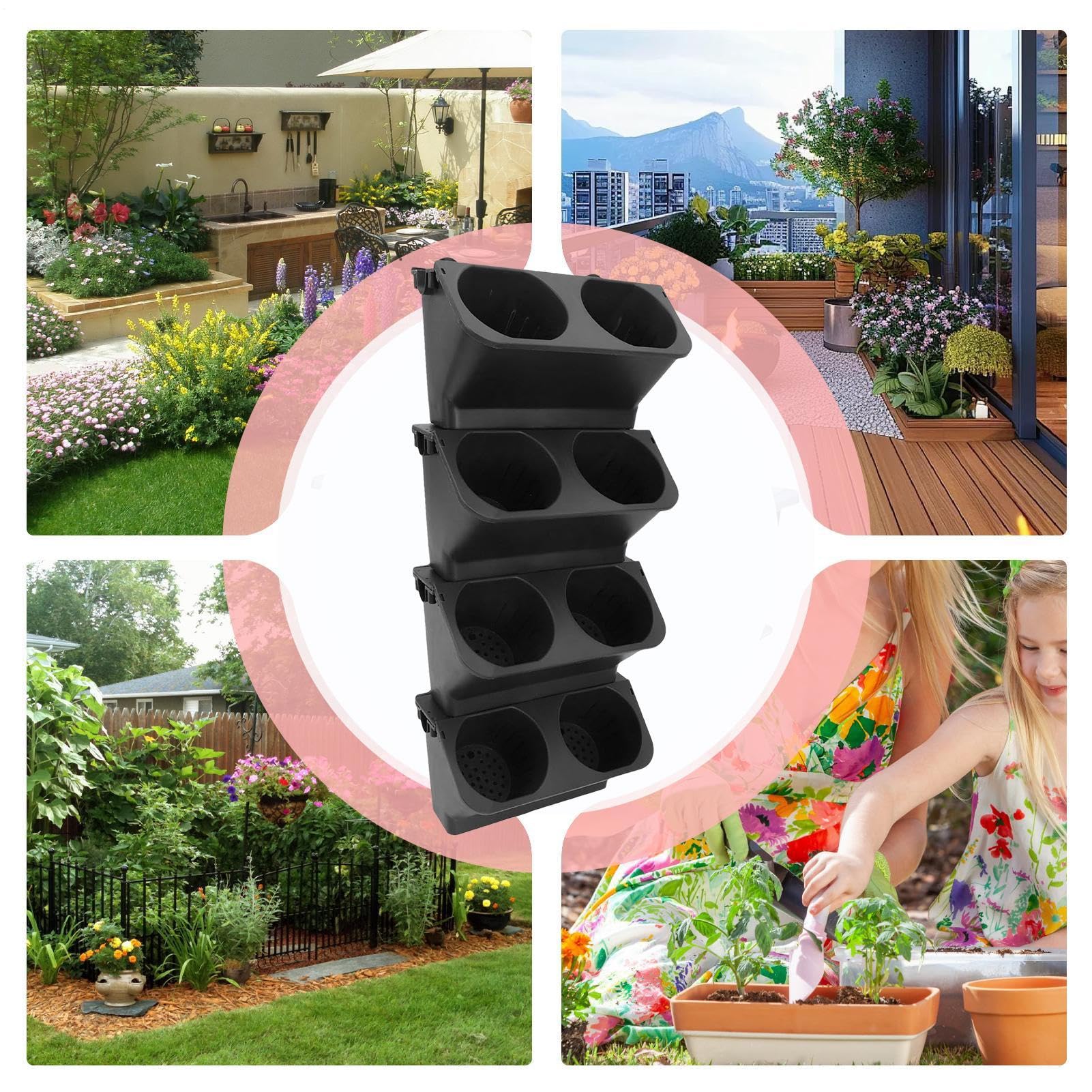 Pots de Fleurs Empilables - Set de 4 Pots Auto-Irrigants à Double Couche | Support à Intérieur Extérieur pour Balcon Jardin Terrasse | Décoration Maison et Outils de Jardinage