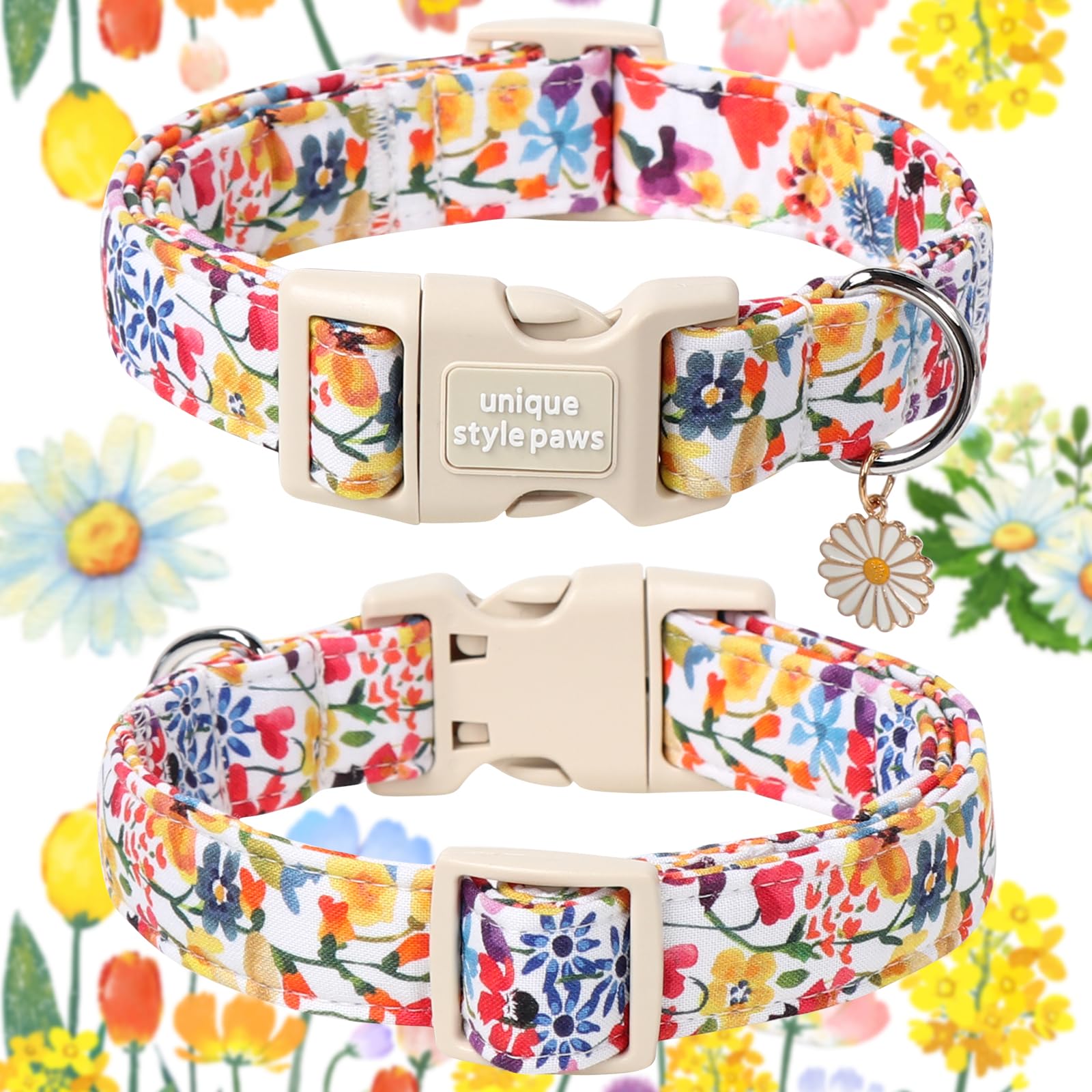 Unique style paws Dog Collar Quick Release Cotton Colorful Flower Collar Gift Durable Cute Collar for Small Medium Large Boys Girls Dogs - 2