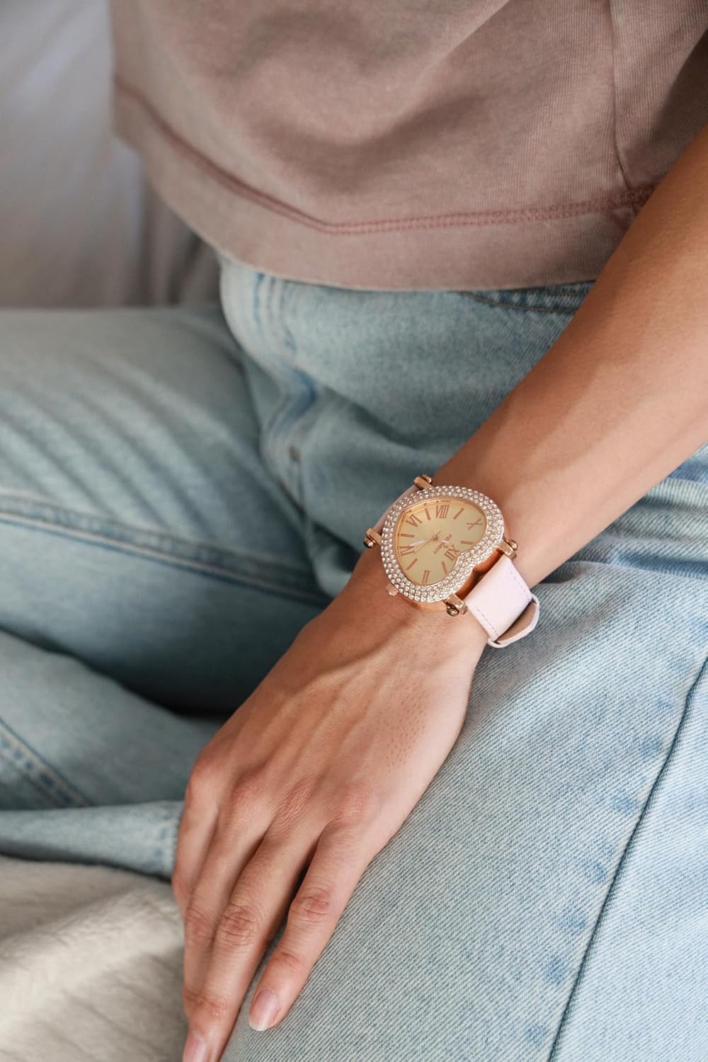 Peugeot Women's Heart Shaped Rose Gold Crystal Watch with Blush Pink Nubuck Suede Band - Image 4