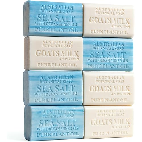 Australian Botanical Men's Soap Bars, Duo Pack Luxury Body and Beard Bars, Sea Salt and Goats Milk Soap, Gift for Men, 6.6 oz. 4 Bars of Each, 8 Pack
