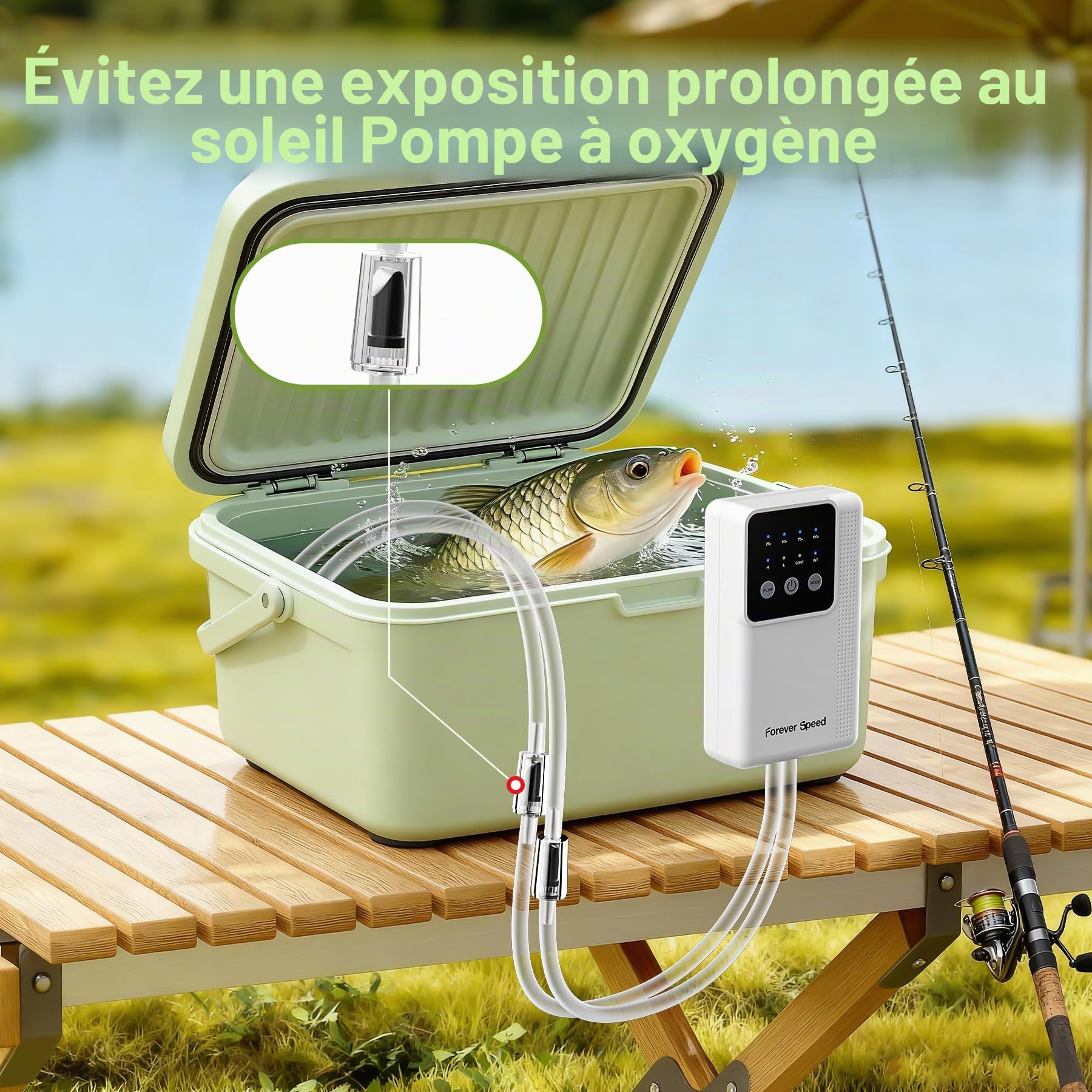 Forever Speed Pompe à air pour Aquarium LED Rechargeable, Réglable Pompe à air Aquarium avec Batterie avec 2 Sorties pour la Pêche en Extérieur