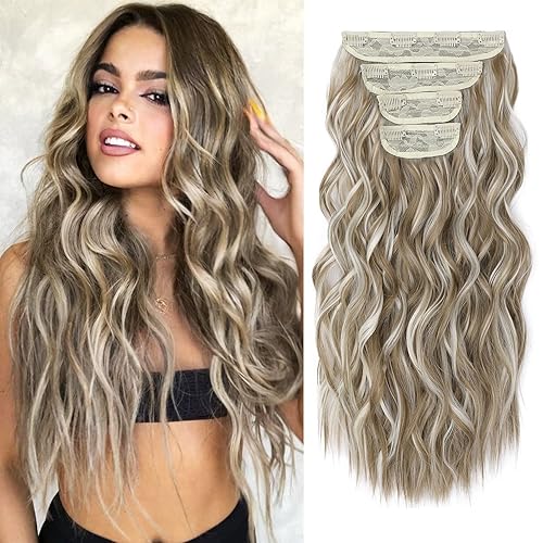 REECHO Extensiones de Cabello, 4 Piezas con Clips, HE001 Extensiones de Cabello Sintéticas Naturales y Suaves para Mujeres, Castaño Claro Ceniza con