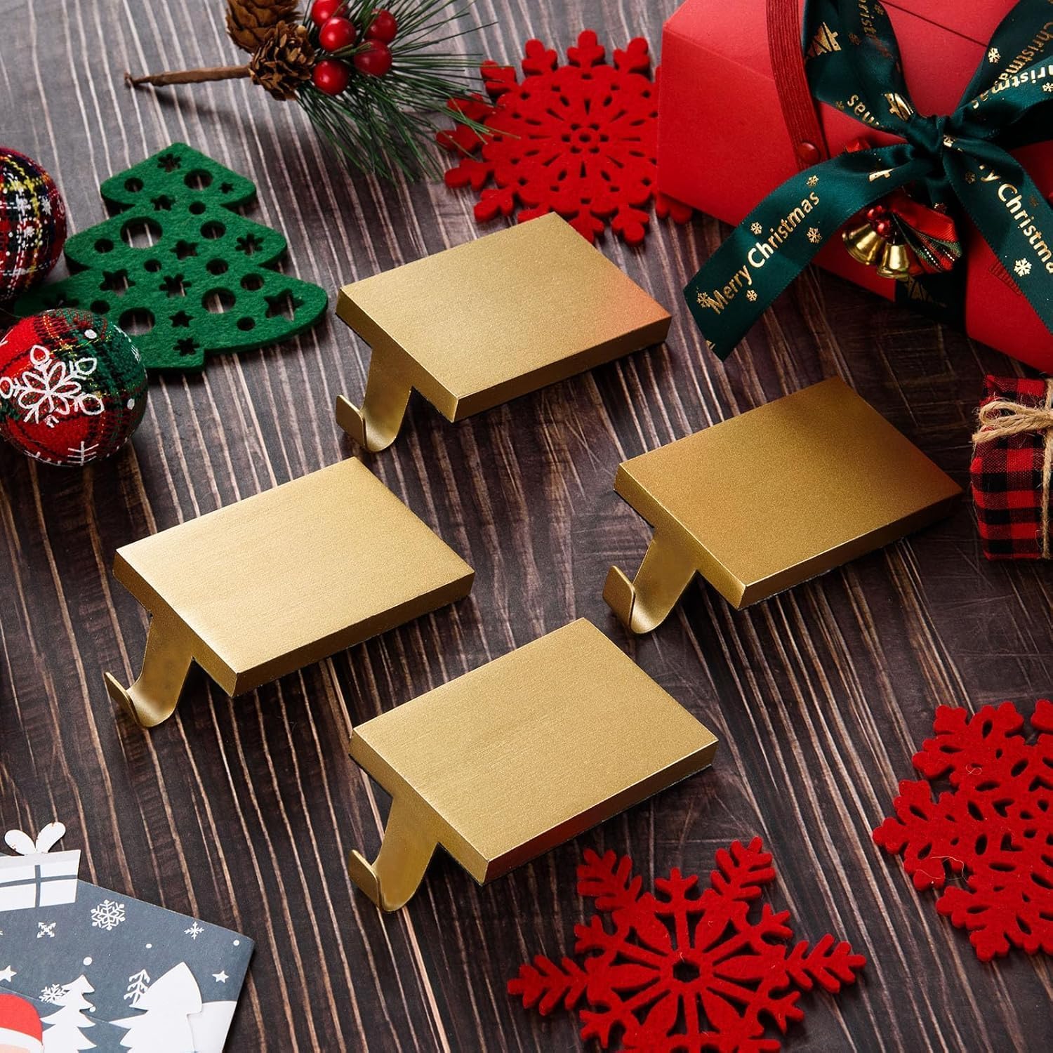 6 Pcs Christmas Stocking Holders Hanging Hooks Heavy Duty Mantel Stocking Holder Bases Weighted Metal Stocking Hangers for Shelf Fireplace Stair Xmas Party Decor (6, Gold)