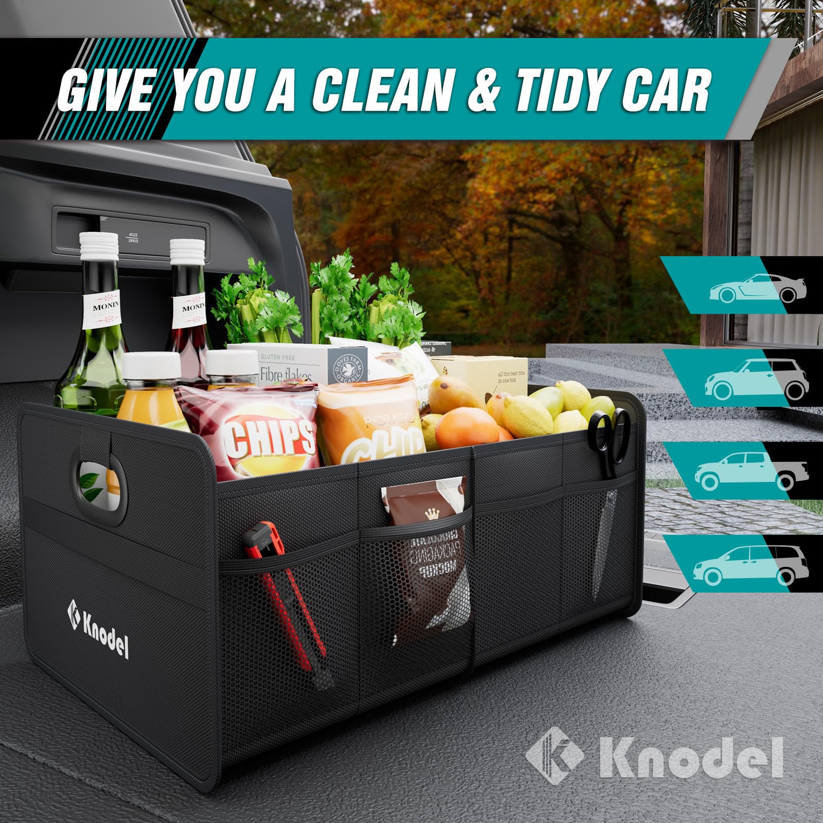 K KNODEL Organizador de maletero, almacenamiento plegable del maletero del automóvil, consolas y organizadores automotrices (Mini, Negro)