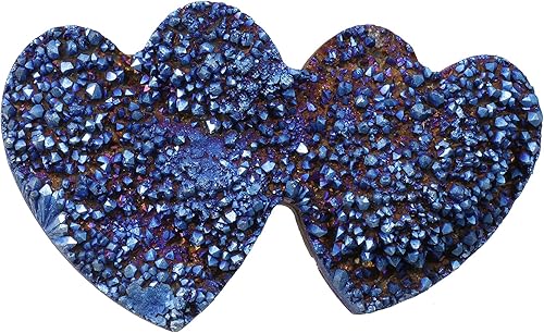 Rockcloud Cuarzo de cristal recubierto de titanio con doble forma de corazón, figura de geoda drusa natural, espécimen mineral para decoración de