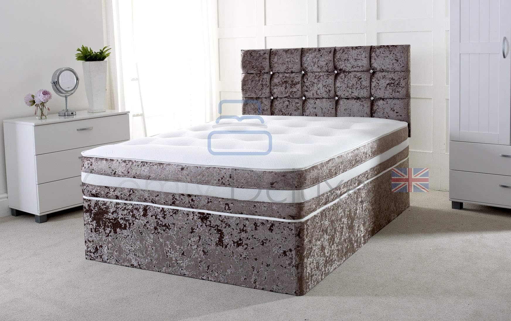 Comfy Deluxe LTD CRUSHED VELVET 4FT SMALL DOUBLE DIVAN BED WITH MATTRESS FREE HEADBOARD AND STORAGE DRAWERS AVAILABLE (4FT 0 Drawer, Truffle Crush)