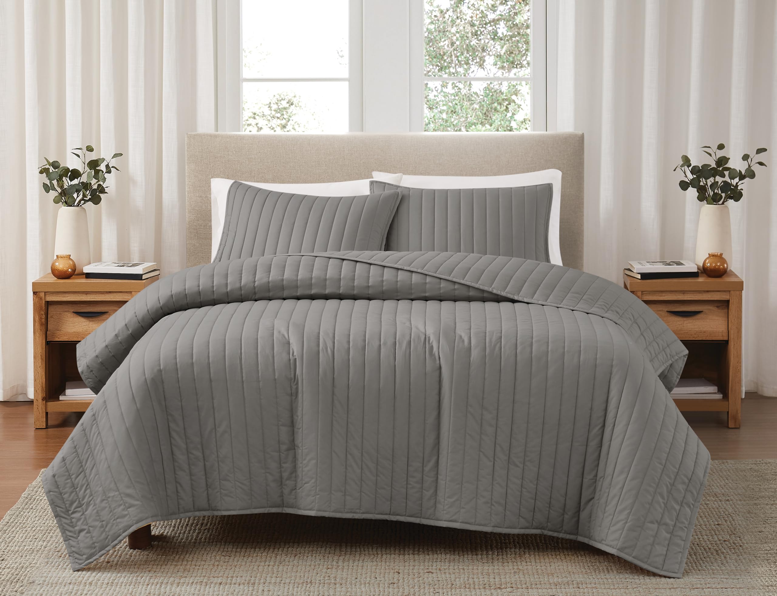 Brooklyn Loom Solid Cotton Percale Grey Twin/Twin XL 2 Piece Quilt Set, Solid Color Themed, Oeko-TEX Certified Confidence-image-17