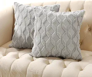 Volcanics Pack of 2 Faux Wool Throw Pillow Covers 20x20 Inches Decorative Farmhouse Velvet Couch Pillow Case Soft Plush Square Boho Cushion Pillowcase, Light Grey