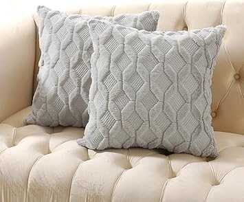 Volcanics Pack of 2 Faux Wool Throw Pillow Covers 20x20 Inches Decorative Farmhouse Velvet Couch Pillow Case Soft Plush Square Boho Cushion Pillowcase, Light Grey
