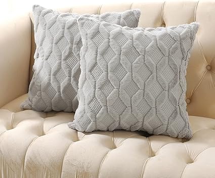 Volcanics Pack of 2 Faux Wool Throw Pillow Covers 20x20 Inches Decorative Farmhouse Velvet Couch Pillow Case Soft Plush Square Boho Cushion Pillowcase, Light Grey