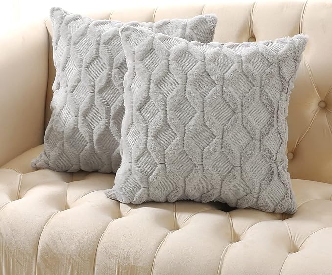 Volcanics Pack of 2 Faux Wool Throw Pillow Covers 20x20 Inches Decorative Farmhouse Velvet Couch Pillow Case Soft Plush Square Boho Cushion Pillowcase, Light Grey