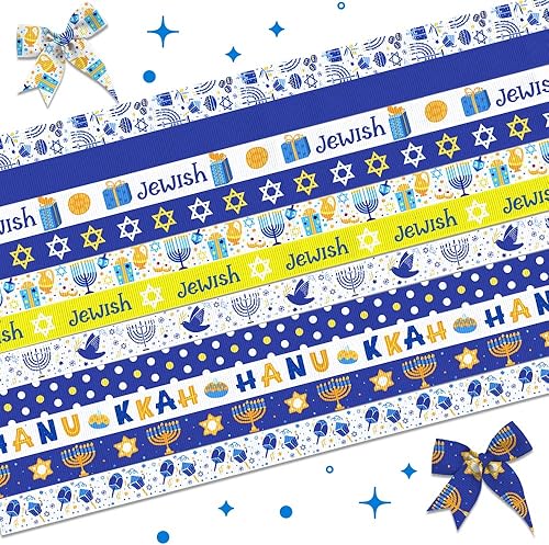 Miniatura 1 de Estivaux 11 cintas de Hanukkah de 38 pulgadas de ancho, cinta azul real y blanca con estrella de David Menorá, cintas artesanales para envolver